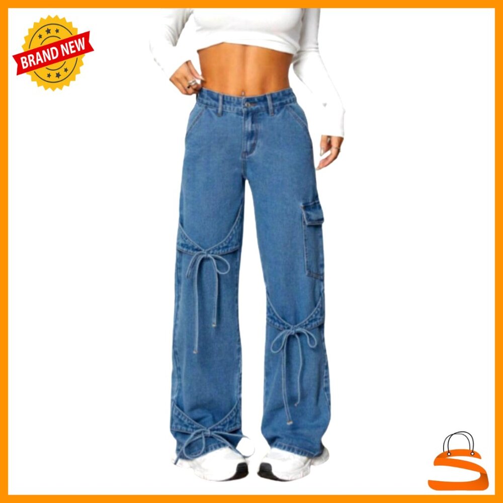 High Waisted Straight Leg Baggy Jeans With Bow Details For Girls